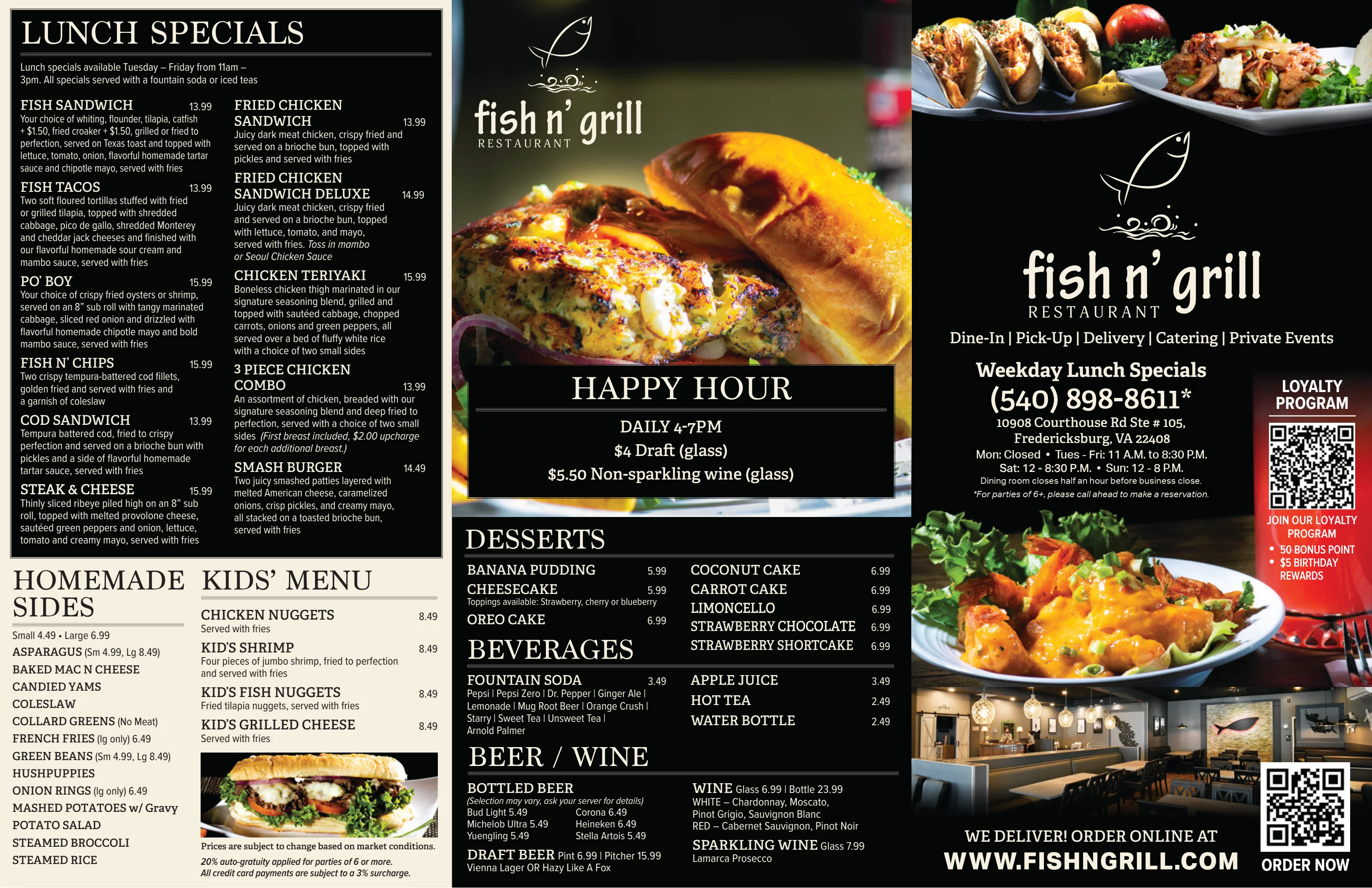 Diverse lunch menu featuring seafood and grilled dishes