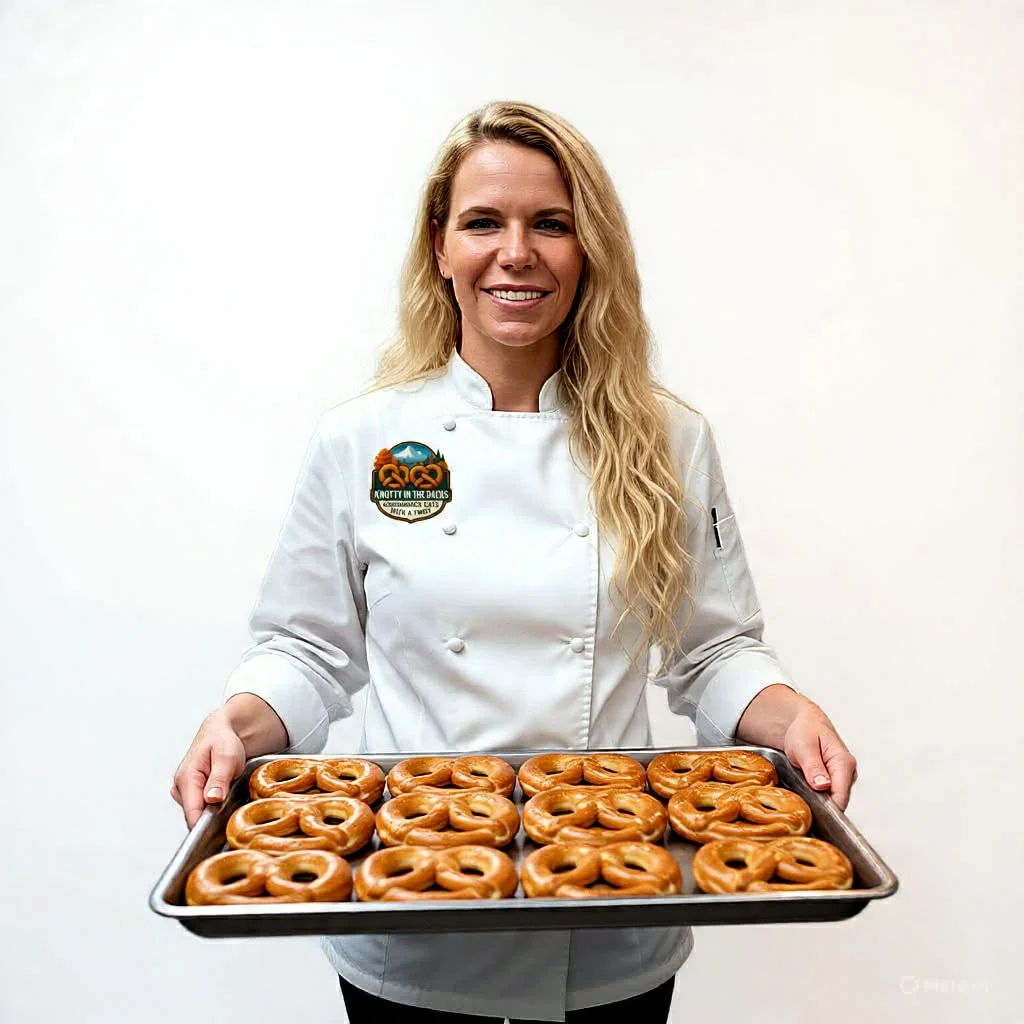 A chef holding a tray of freshly baked pretzels, smiling at the camera. The pretzels are arranged neatly on the tray.