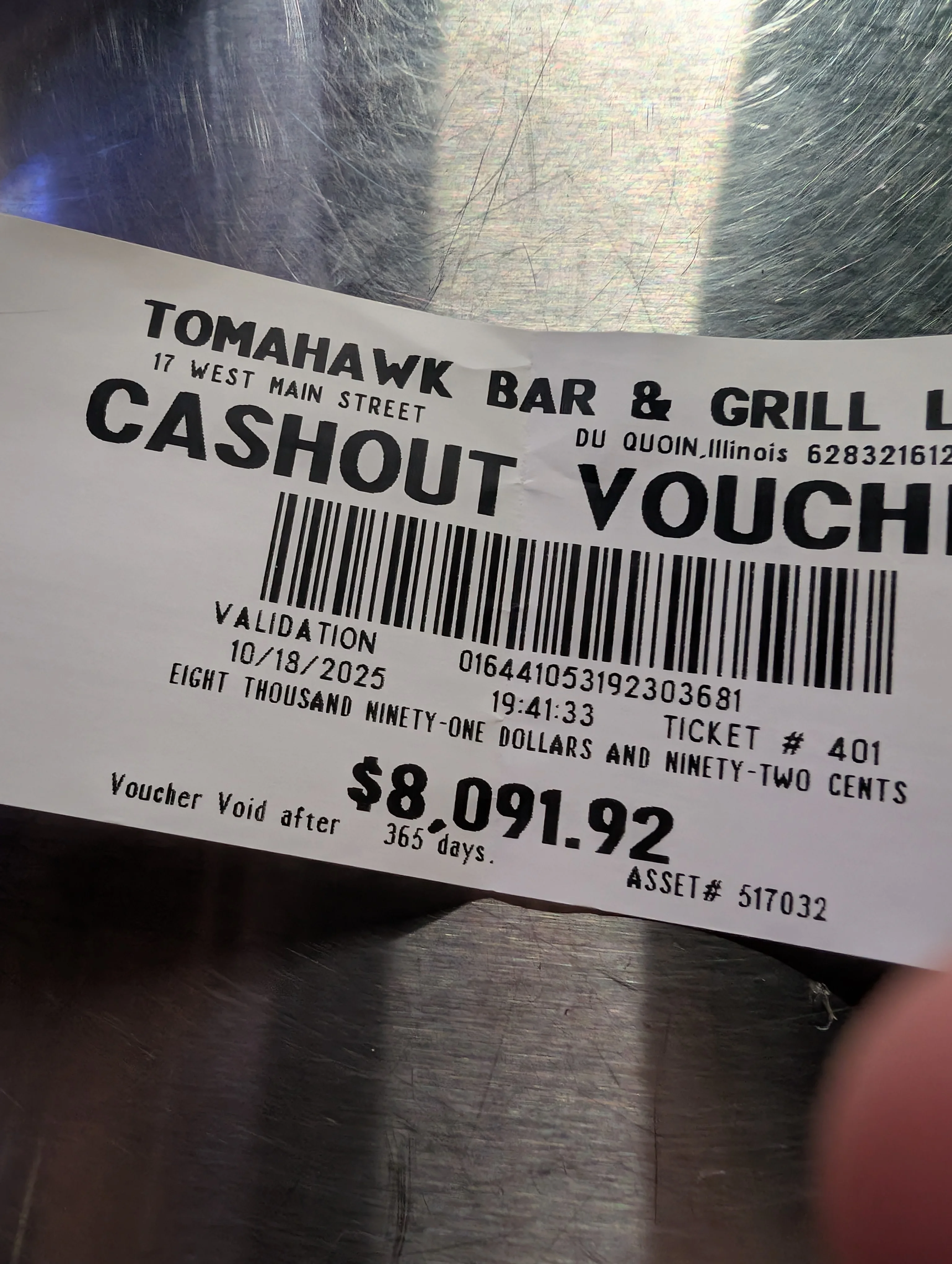 Cashout voucher from Tomahawk Bar & Grill in Du Quoin, Illinois