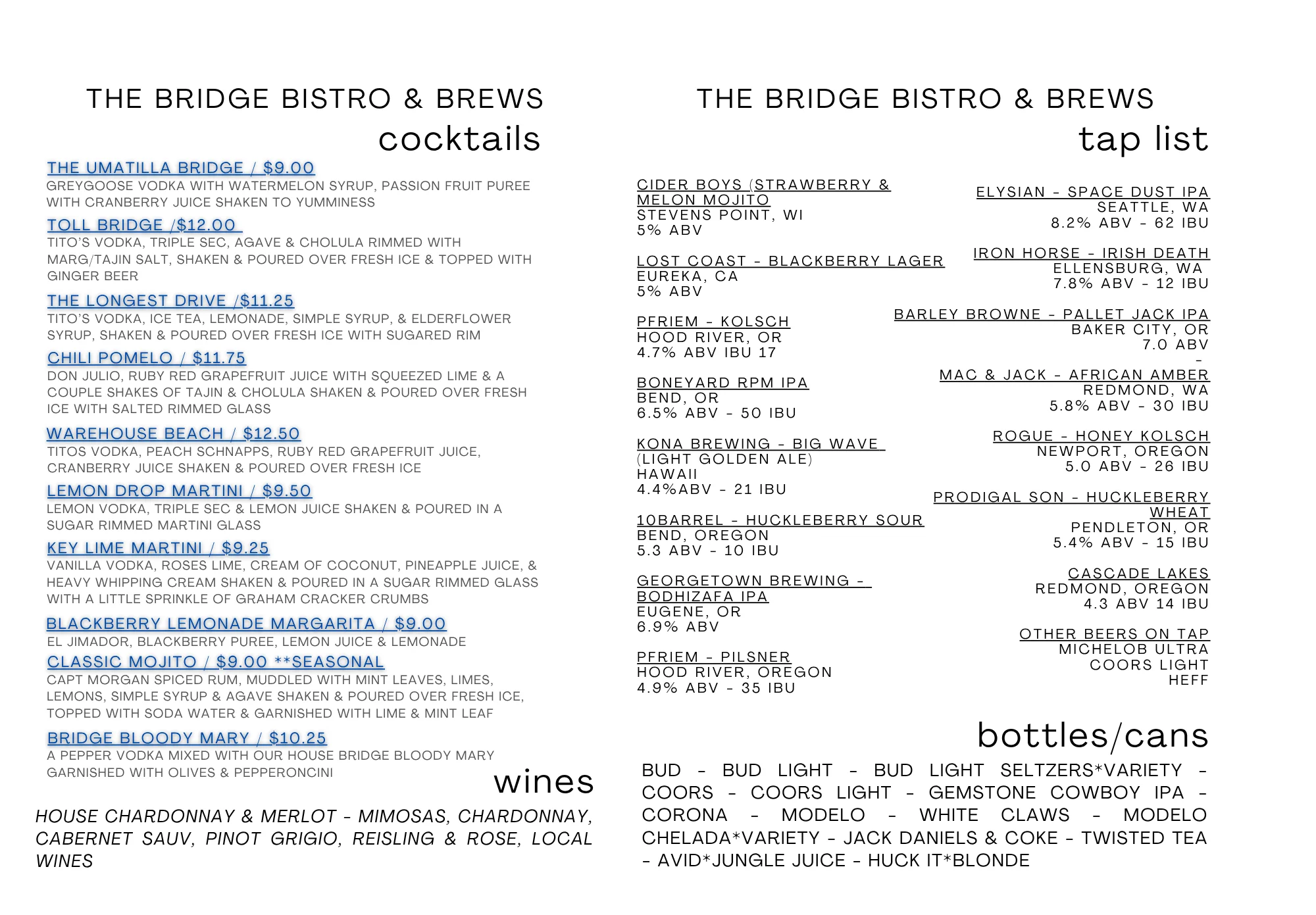 Cocktail menu featuring a variety of drinks and ingredients.