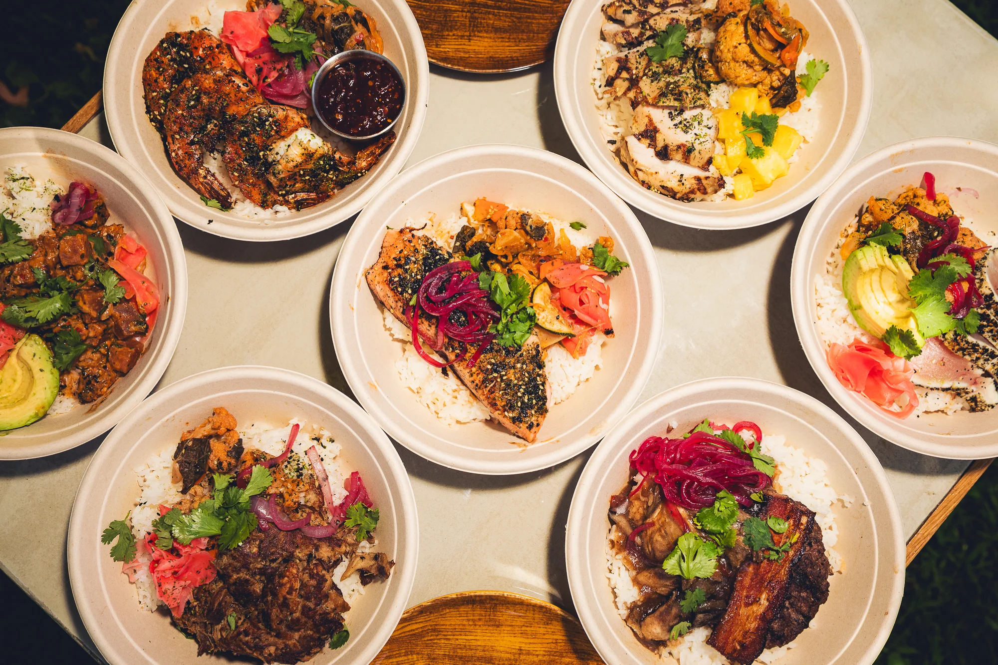 Poke bowls with salmon, ahi and avocado at The Shore in San Juan Capistrano.