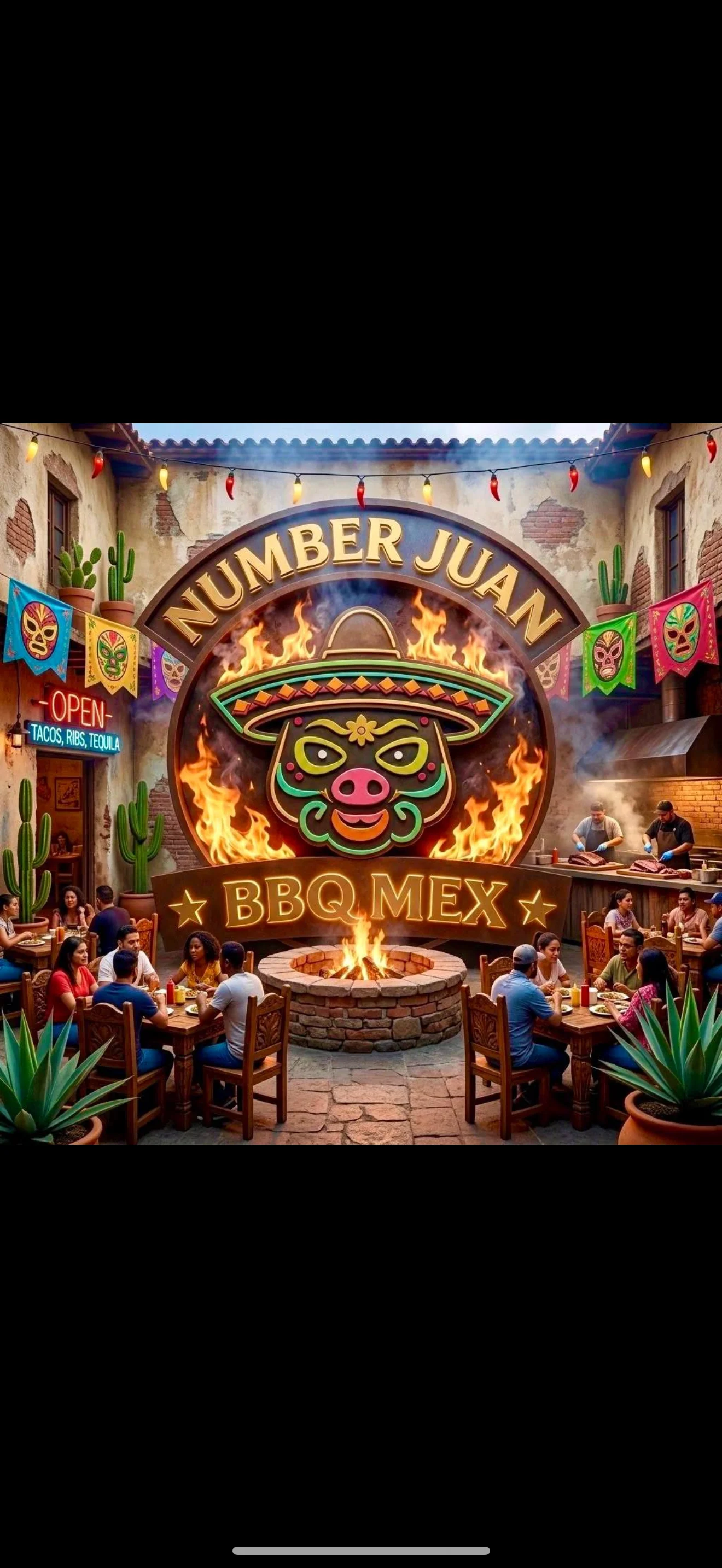 Vibrant restaurant interior with BBQ Mex theme and lively dining atmosphere