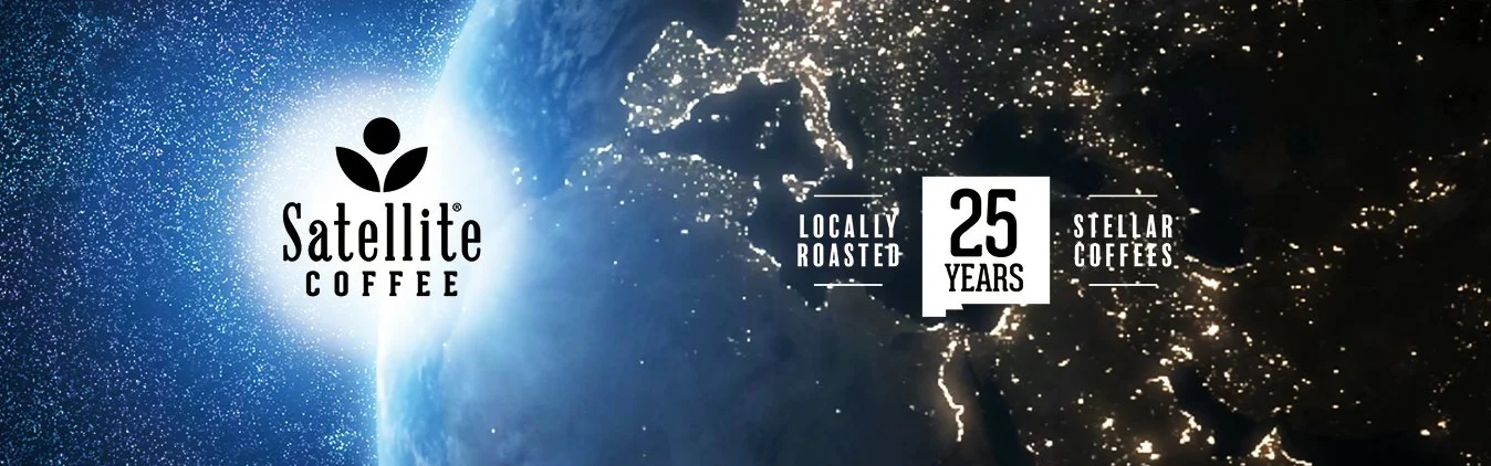 Satellite Coffee logo celebrating 25 years of locally roasted coffee