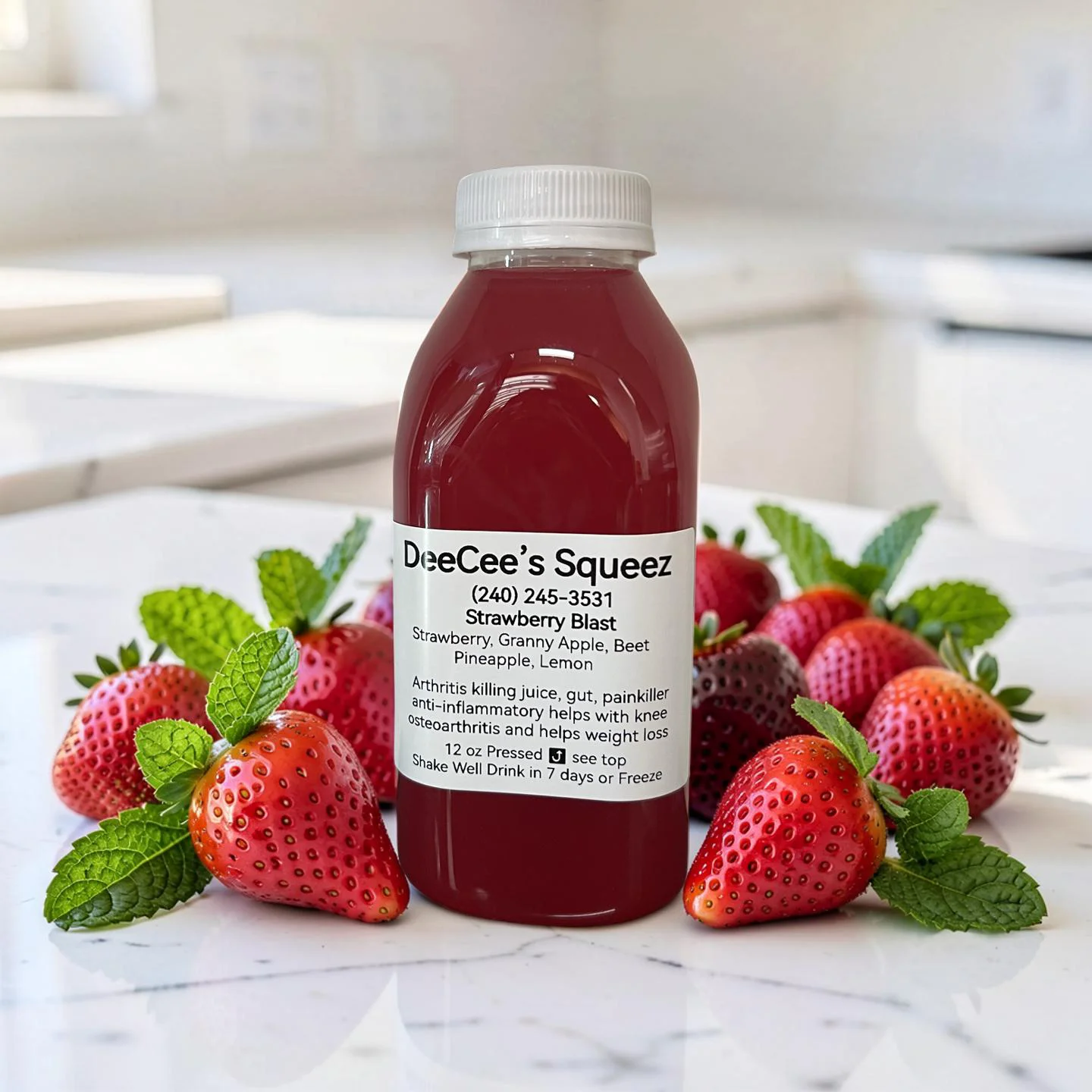 Fresh strawberry juice in a bottle