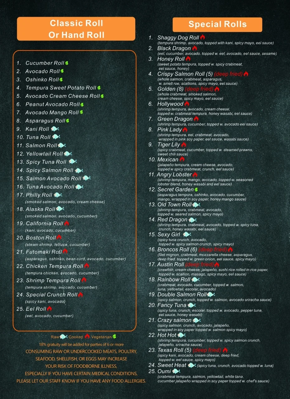 Japanese sushi menu featuring classic and special rolls
