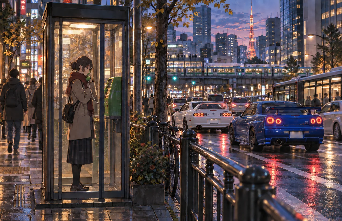Rainy Tokyo street scene with a woman in a phone booth