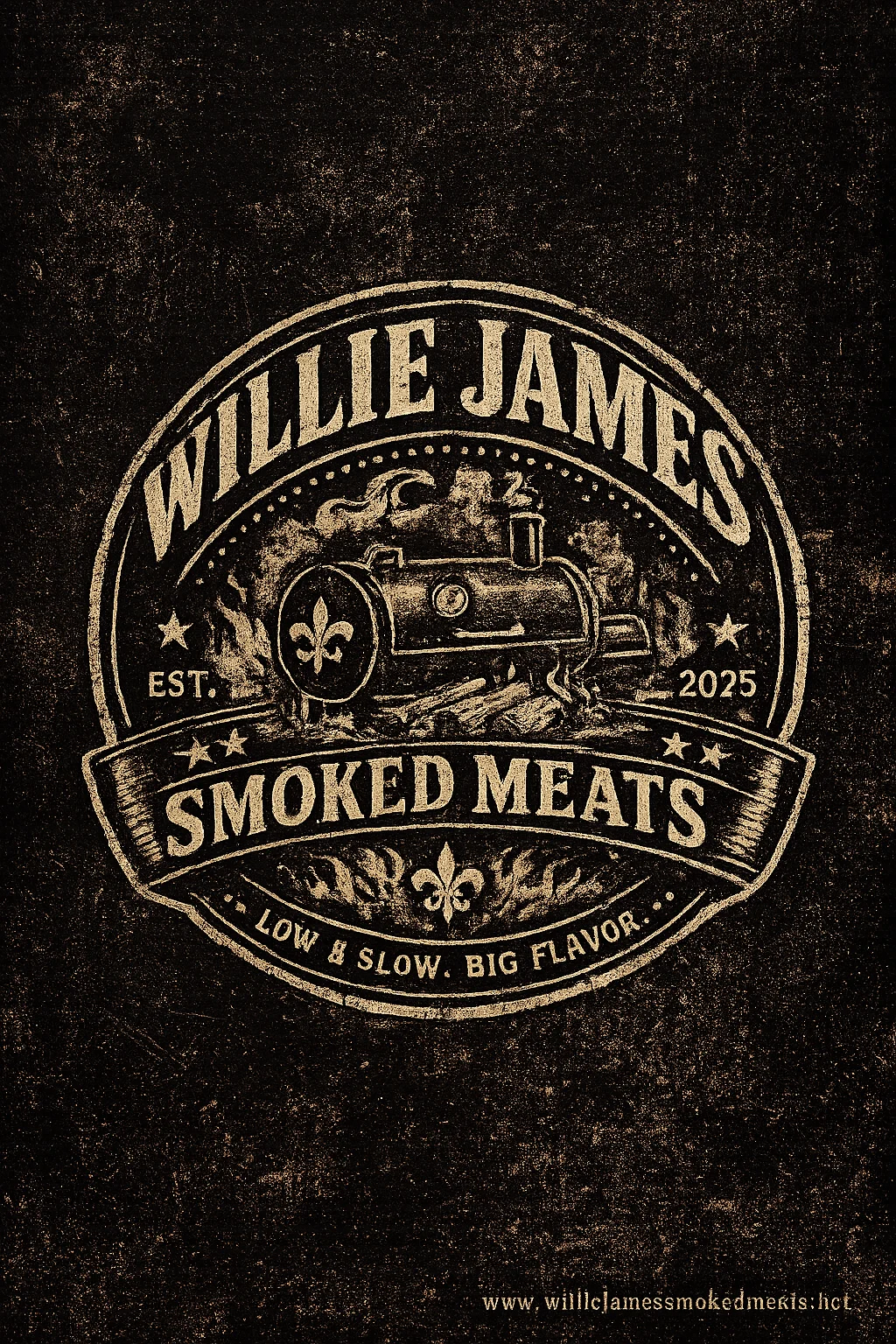 Logo for Willie James Smoked Meats featuring a barbecue theme