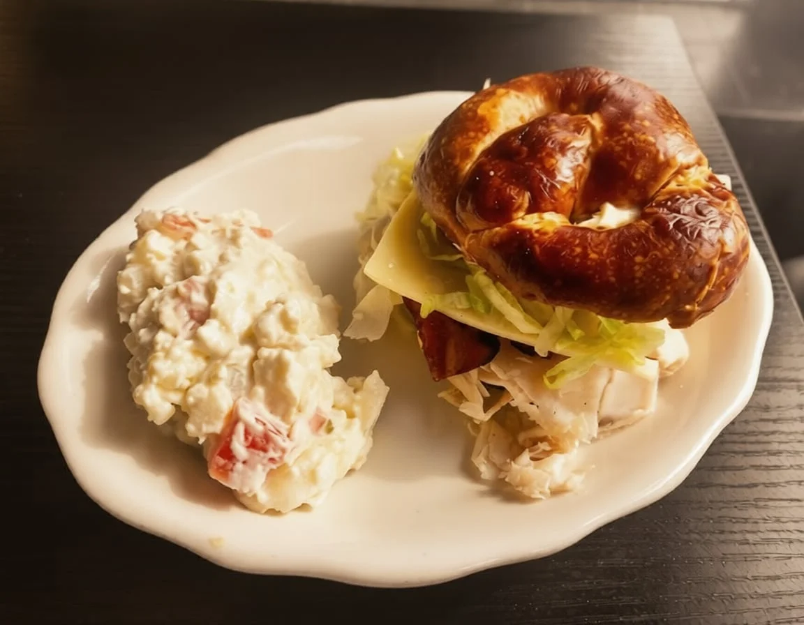 A plate featuring a pretzel sandwich with lettuce, cheese, and turkey, accompanied by a side of creamy potato salad.