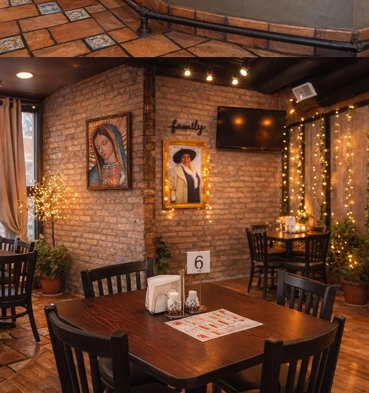 Cozy restaurant interior with warm lighting and rustic decor