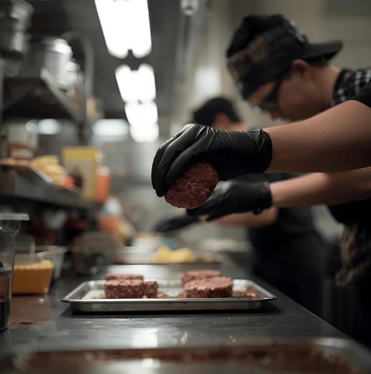 Chef preparing burger patties in a busy kitchen