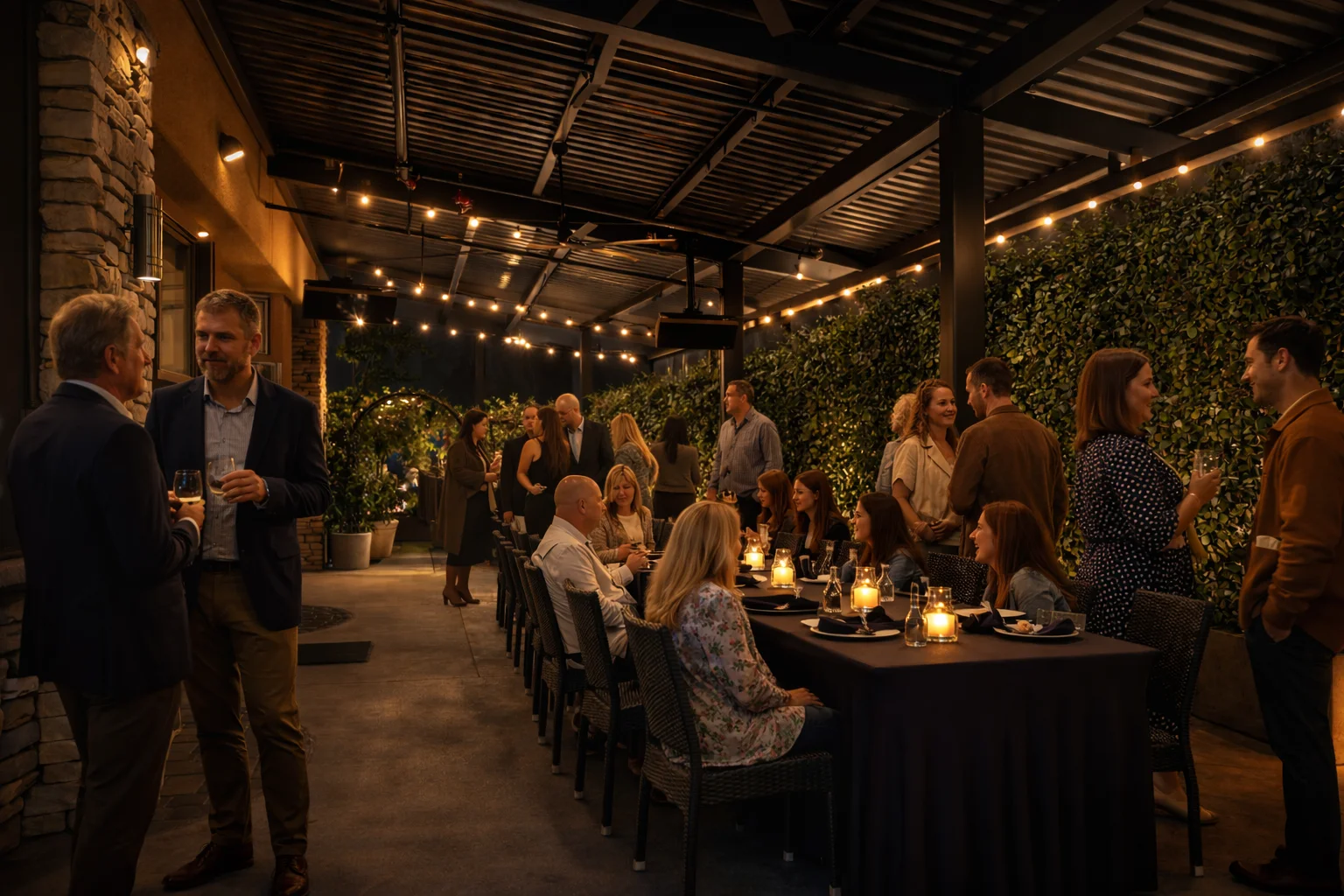 Elegant outdoor dining setup with guests enjoying evening ambiance