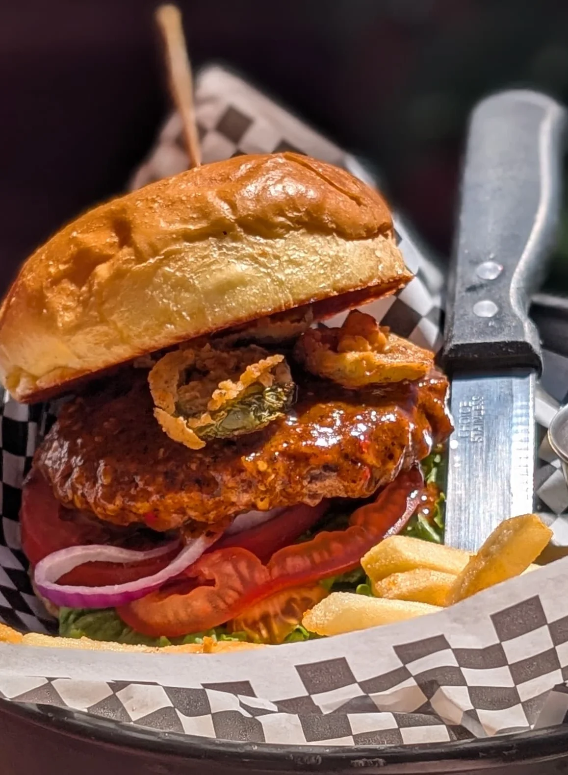 Crispy fried chicken sandwich with fries
