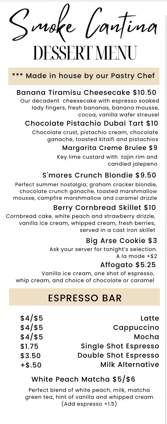 Dessert menu featuring various sweet treats and espresso options