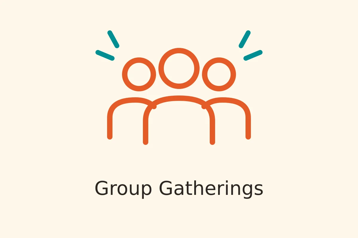Icon representing group gatherings with three figures and celebratory elements