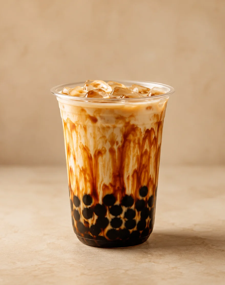 A cup of iced bubble tea with a creamy top layer and dark tapioca pearls visible at the bottom. The drink is served in a clear plastic cup showcasing its distinct layers and ice.