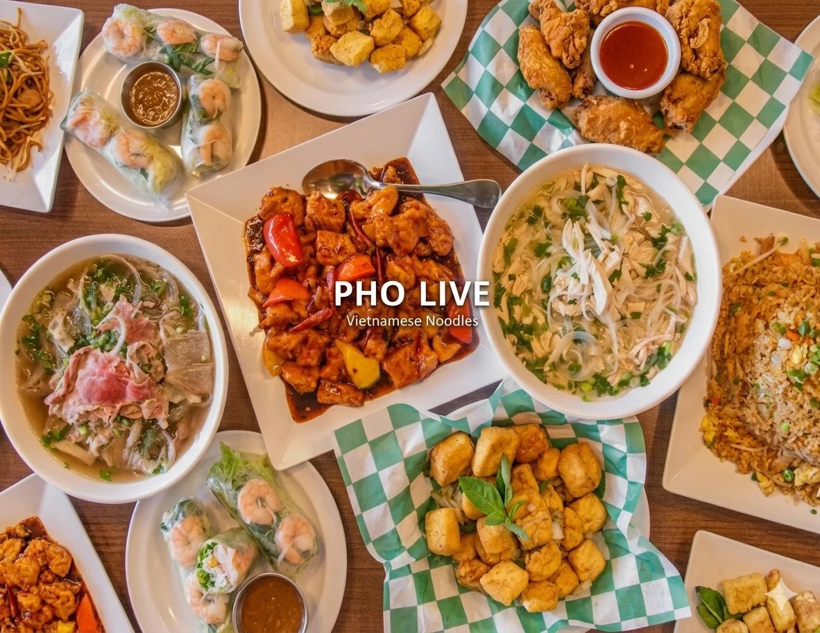A variety of Vietnamese dishes including pho, spring rolls, and fried rice.