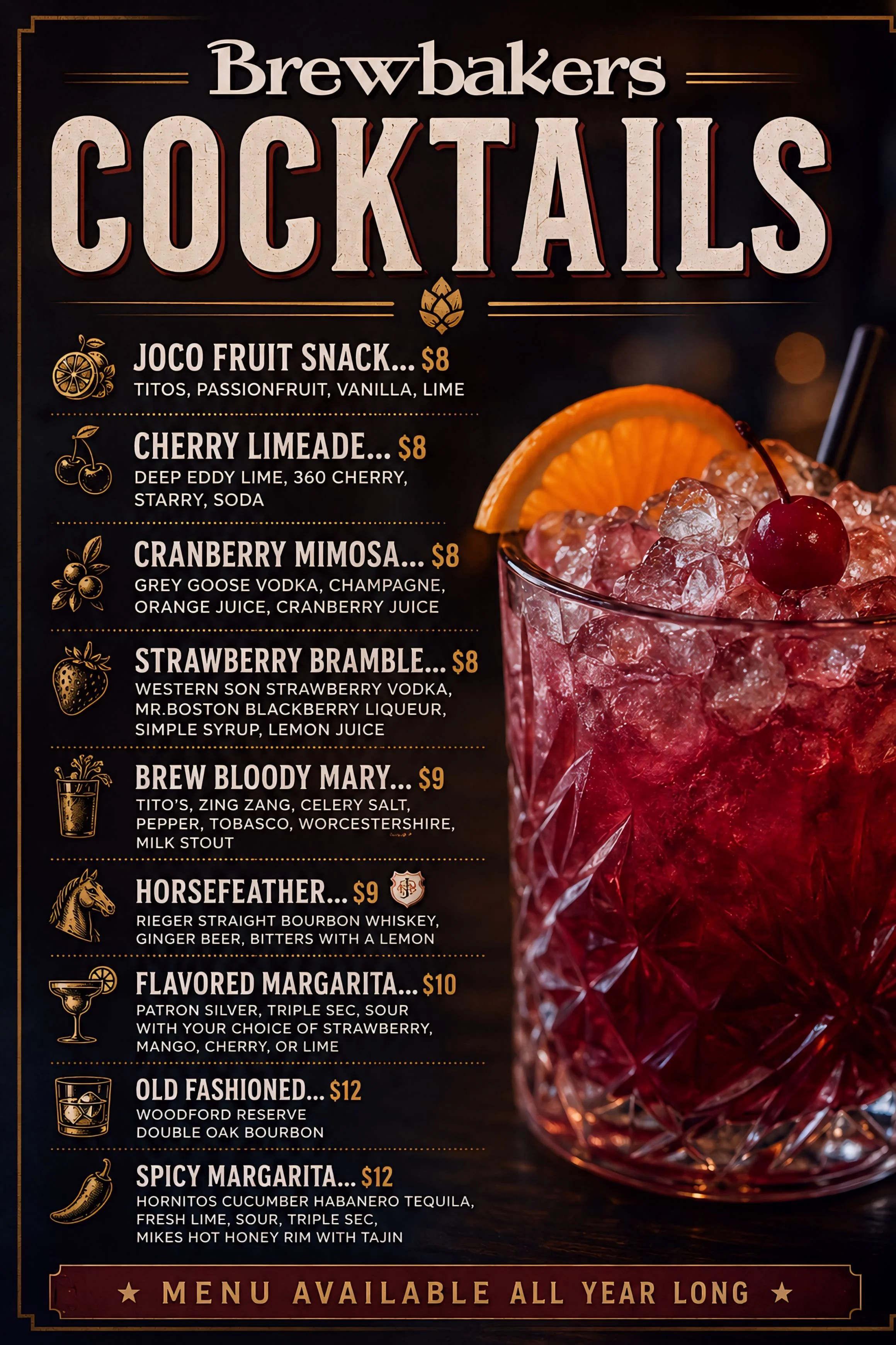 Cocktail menu featuring a variety of creative drinks