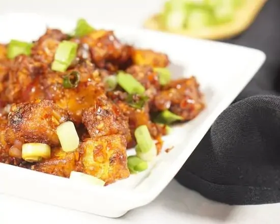 Crispy Chinese sweet and sour tofu with green onions