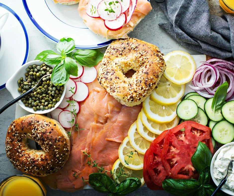 Smoked salmon bagel with cream cheese capers and fresh vegetables from nosh NY bagels Ridgeland near Okatie