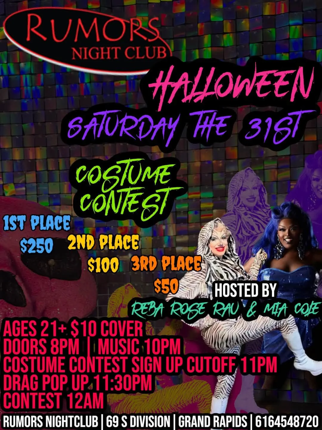 Halloween costume contest nightlife event poster with colorful typography
