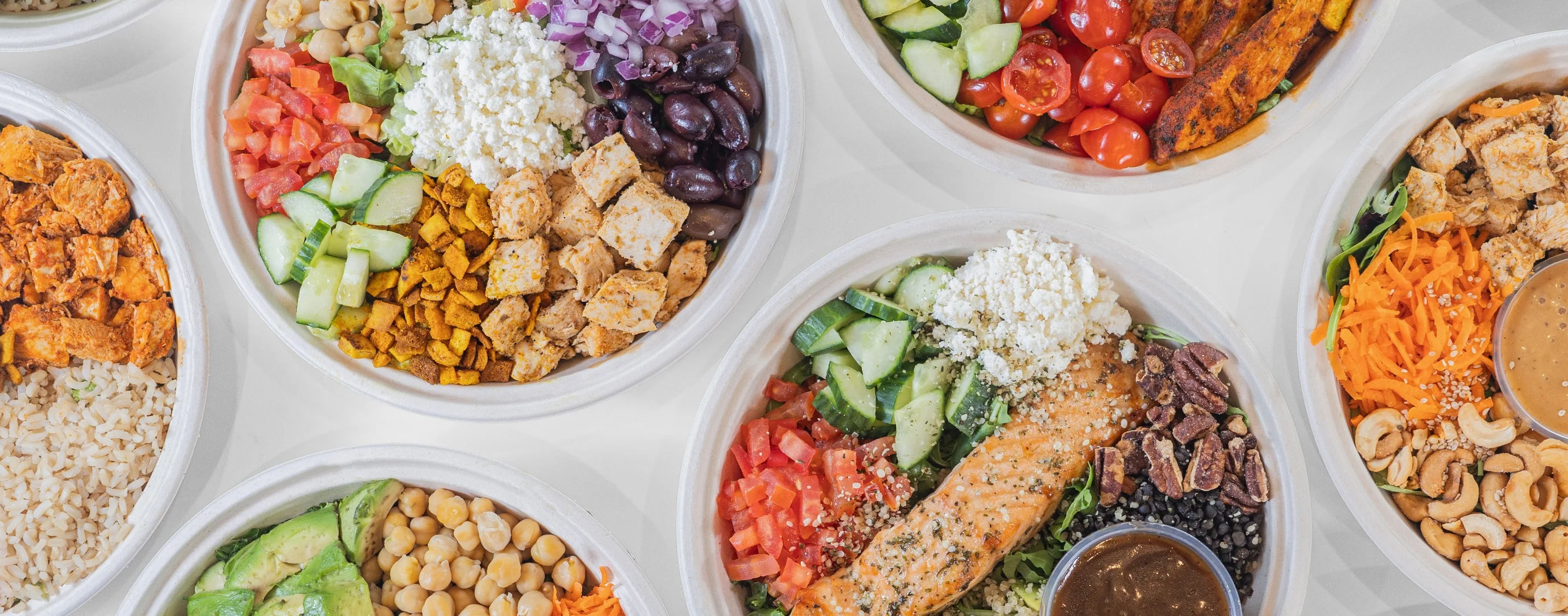 Colorful grain bowls featuring fresh ingredients and proteins