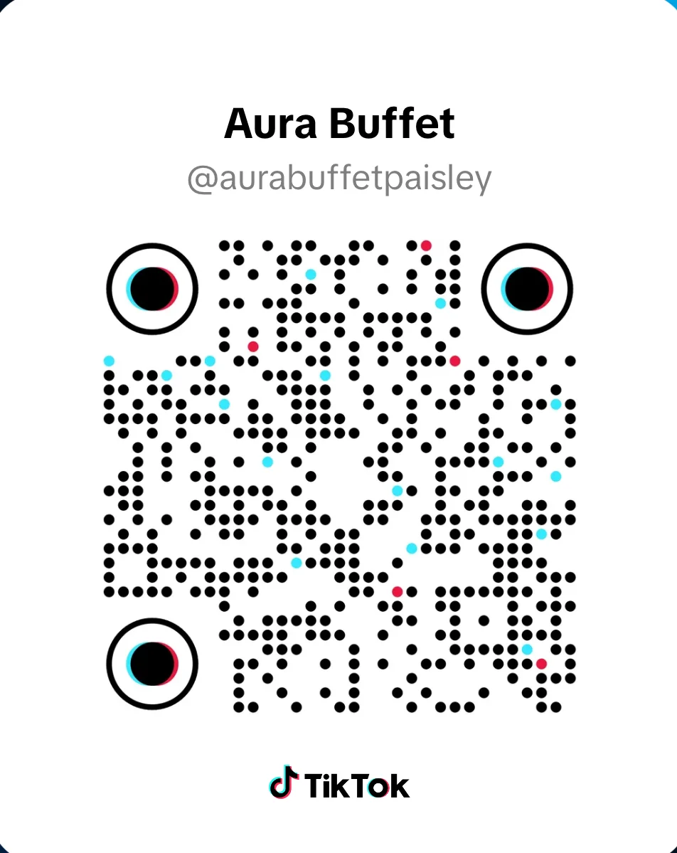 QR code for Aura Buffet's TikTok profile with branding.