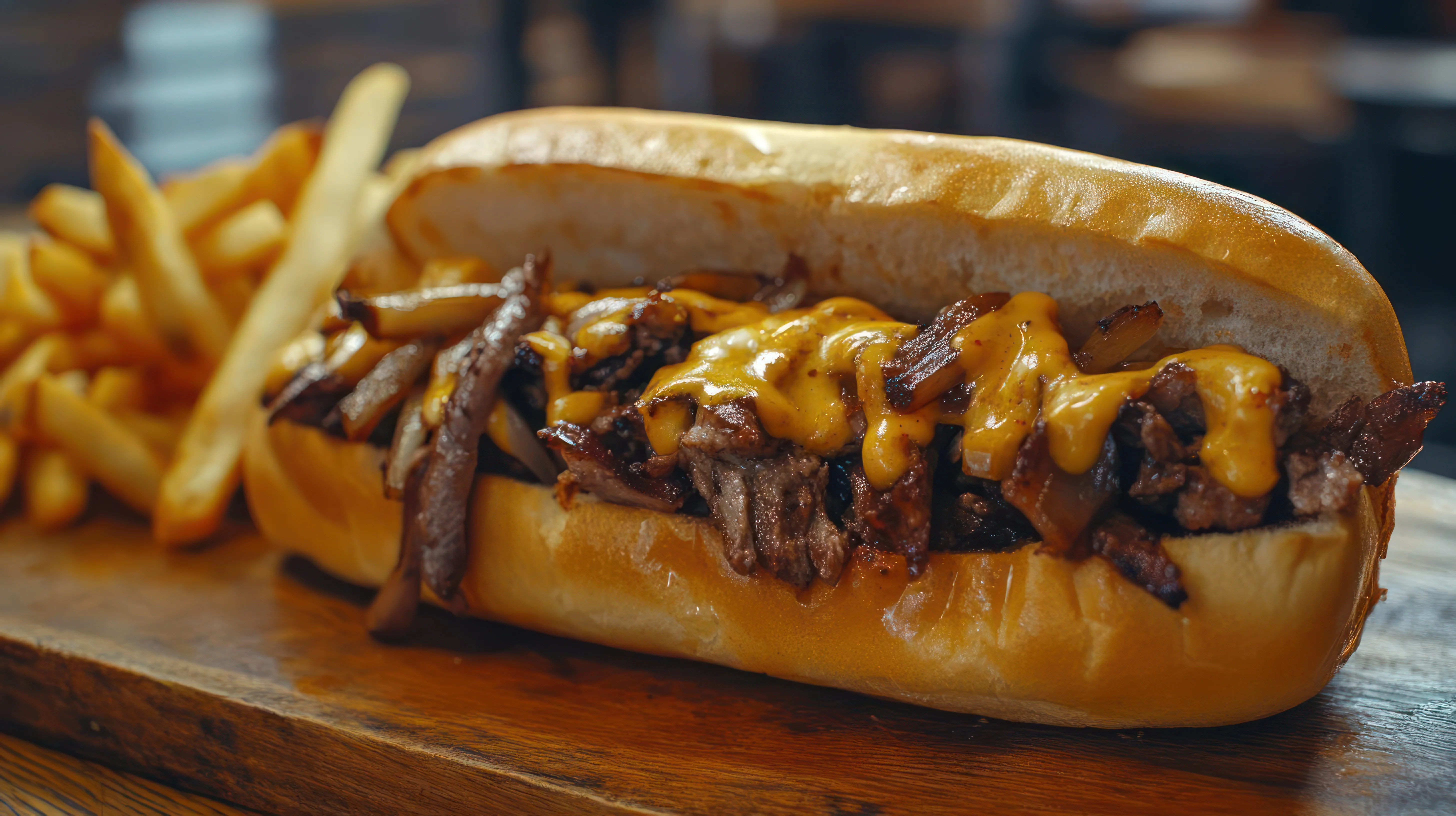 Cheesesteak sandwich with fries on a wooden platter