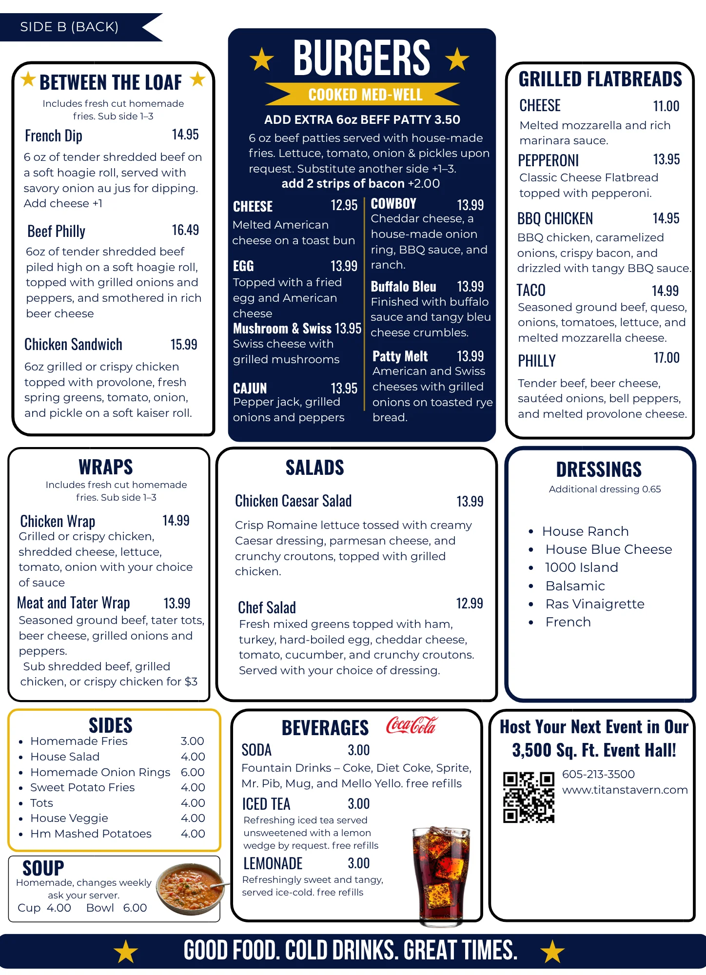 Menu featuring burgers, wraps, salads, sides, and beverages.