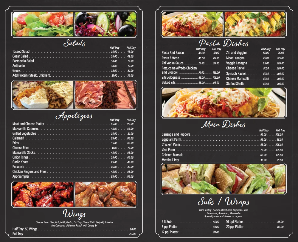 Italian restaurant menu featuring pasta, salads, and appetizers