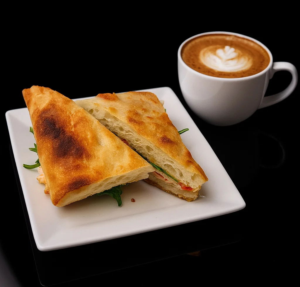 Freshly baked focaccia bread with coffee on a black background