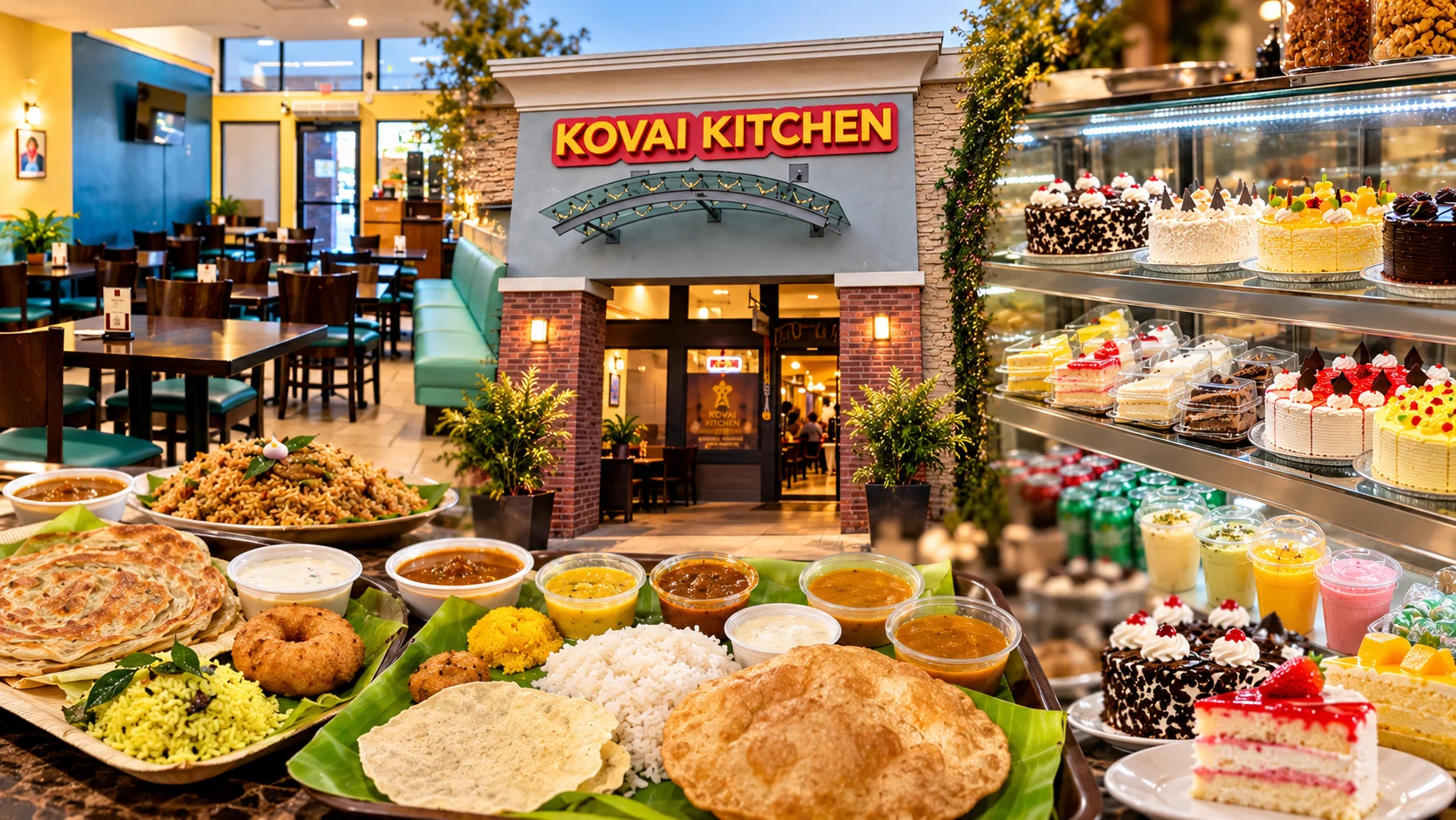 Kovai Kitchen South Indian vegetarian food spread – dosa, parotta, thali, biryani and Indo-Chinese dishes.