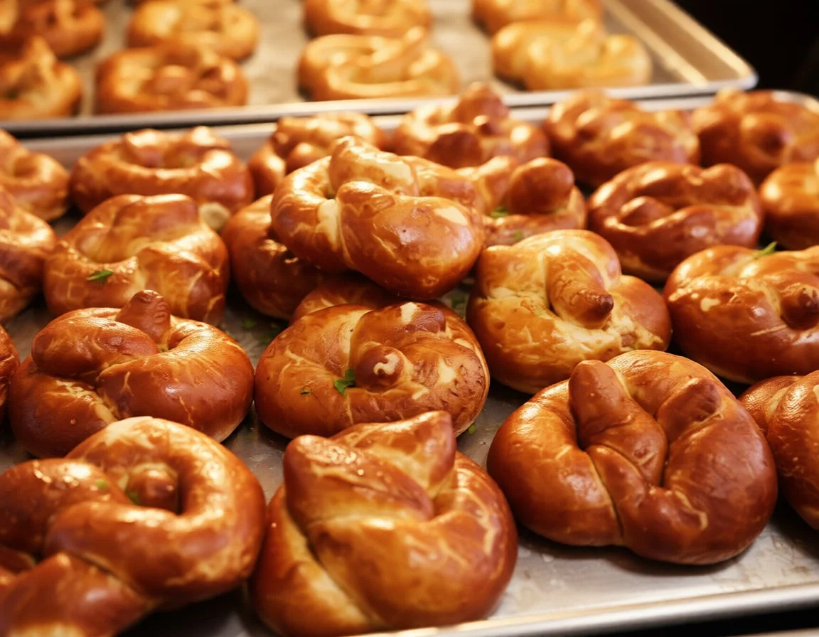 Freshly baked soft pretzels on a tray