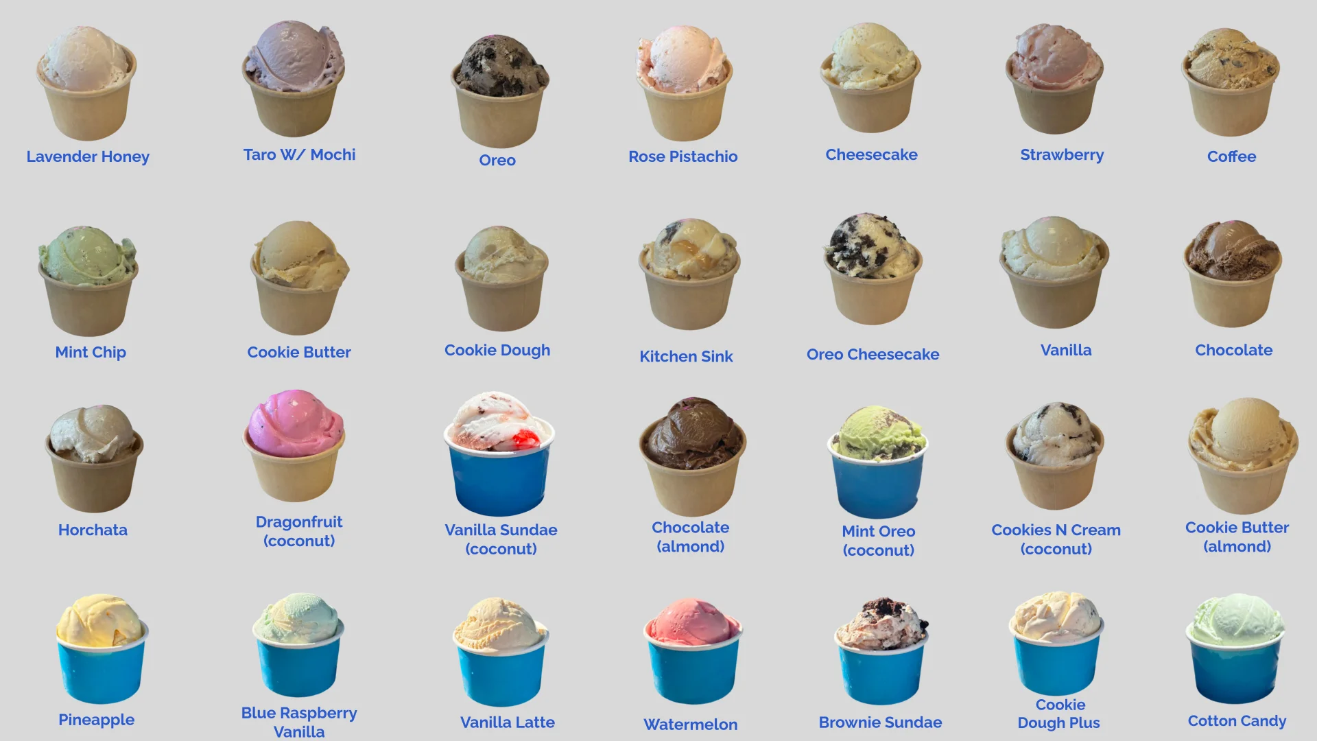 Variety of ice cream flavors in cups