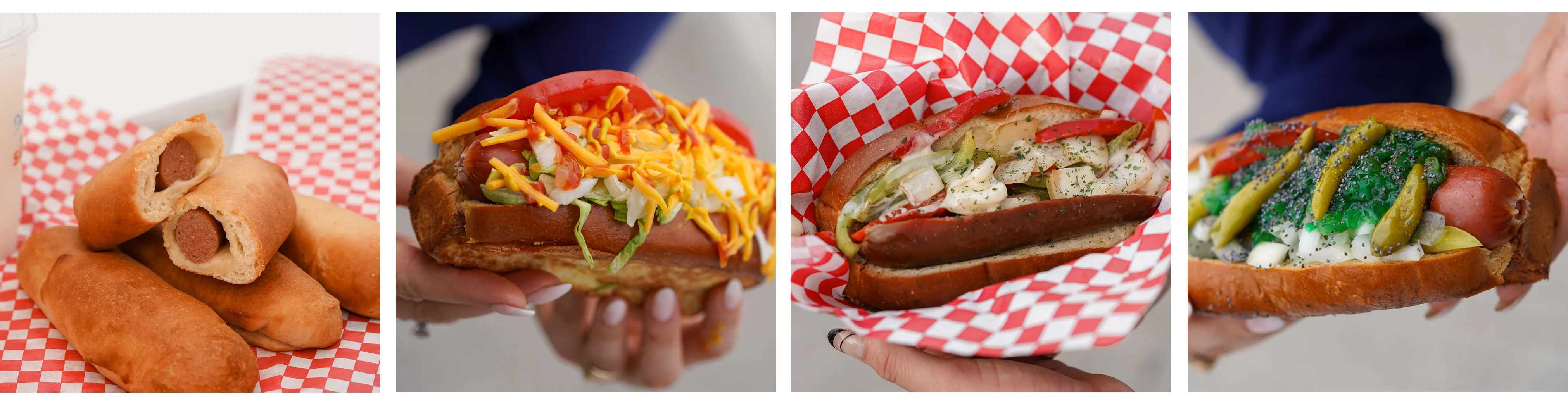Delicious Chicago-style hot dogs with toppings