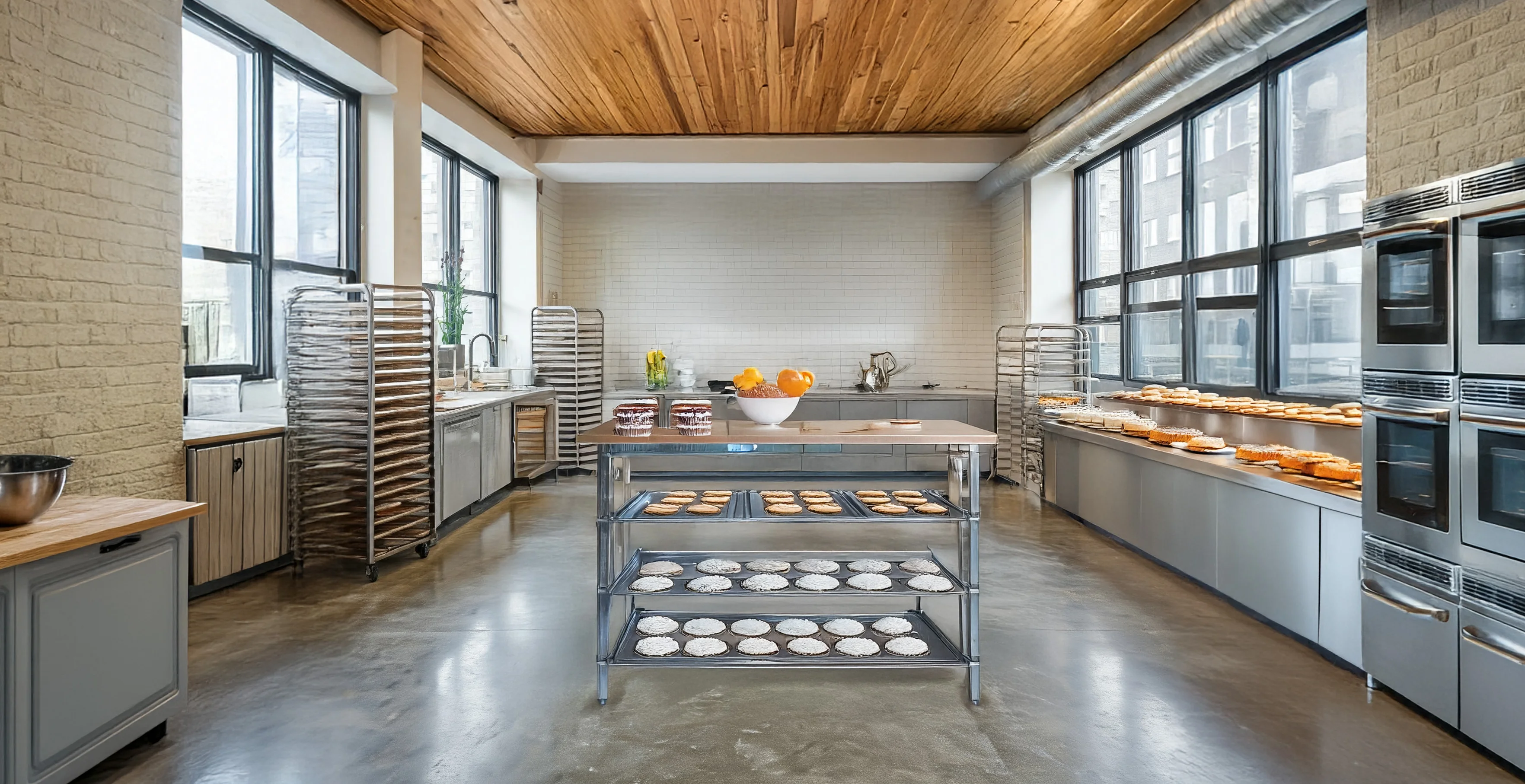 Modern kitchen with baking trays and fresh pastries
