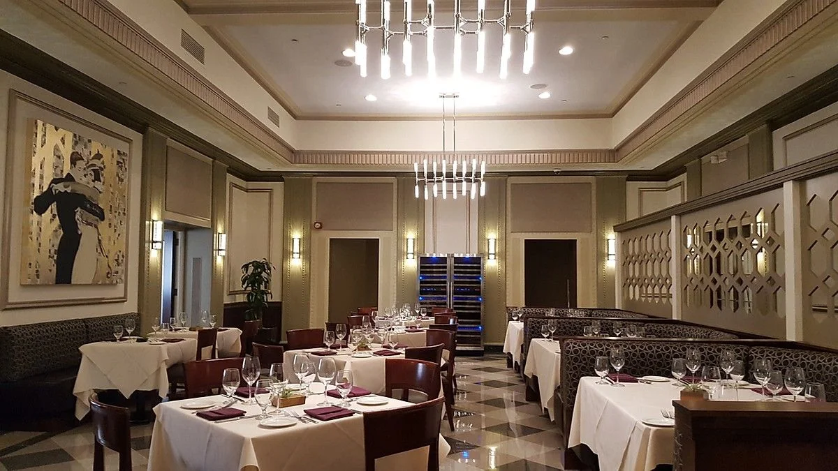 Elegant restaurant interior with modern decor and ambient lighting