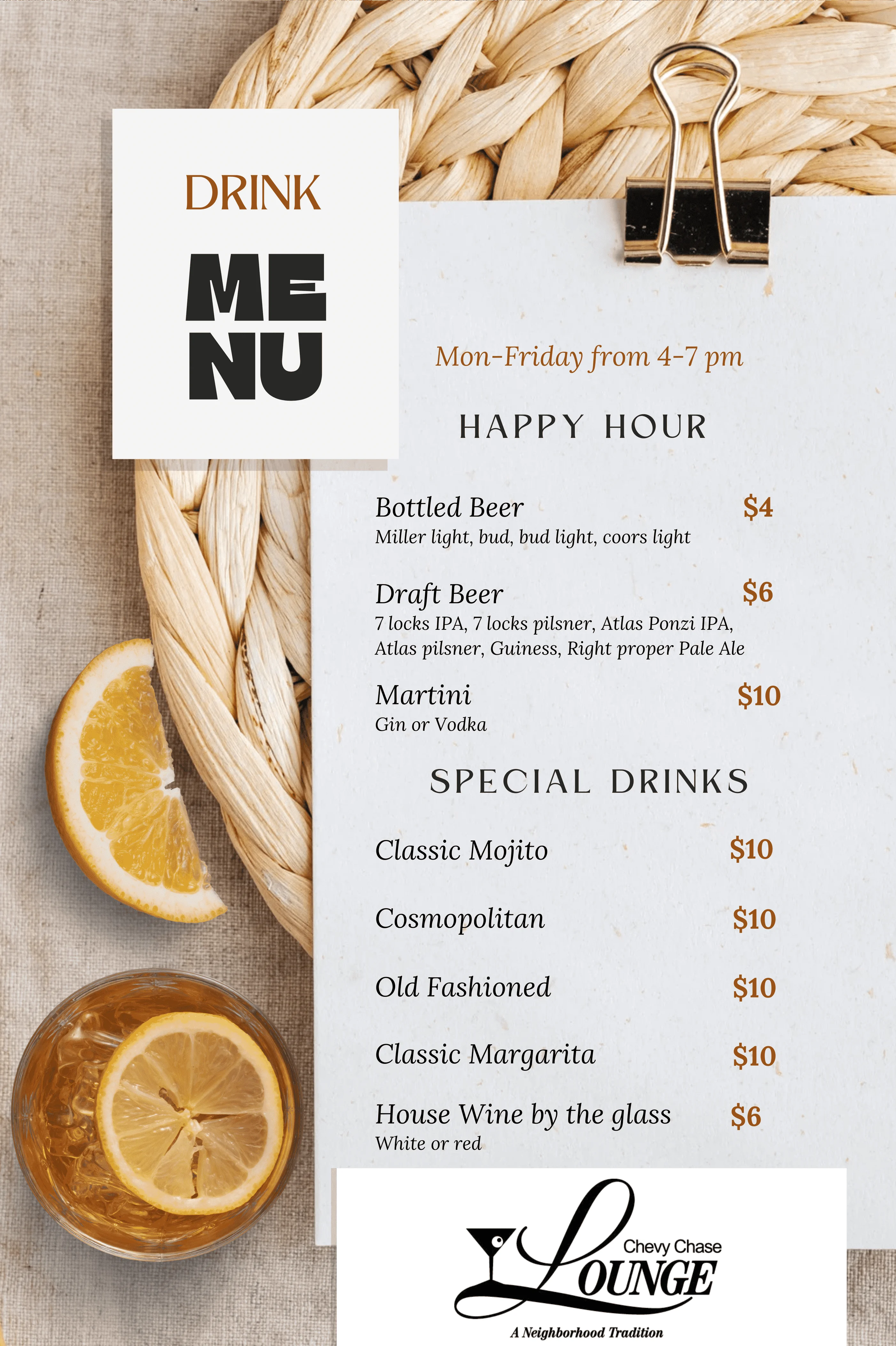 Drink menu featuring cocktails and happy hour specials