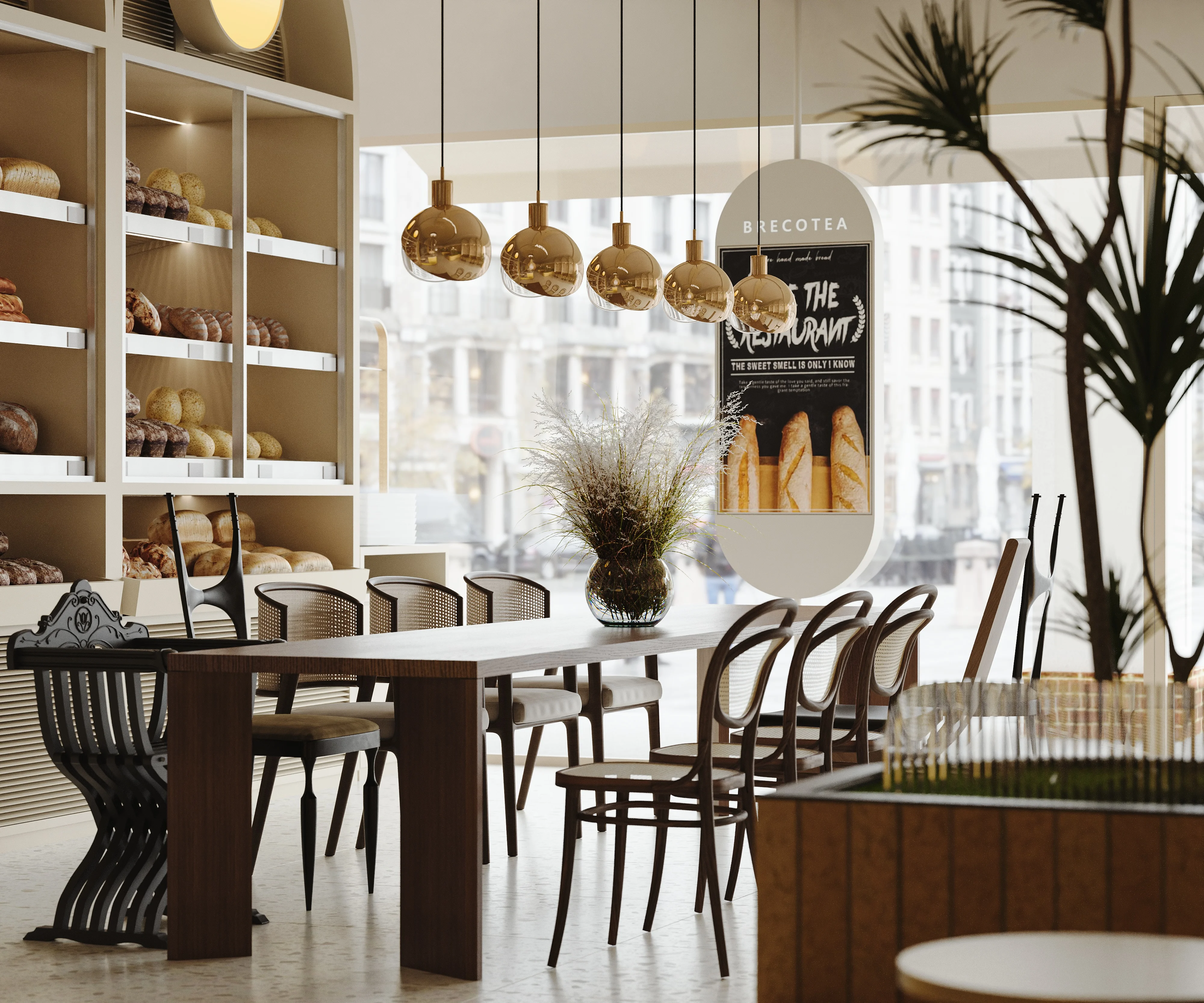 Modern restaurant interior with baked goods display