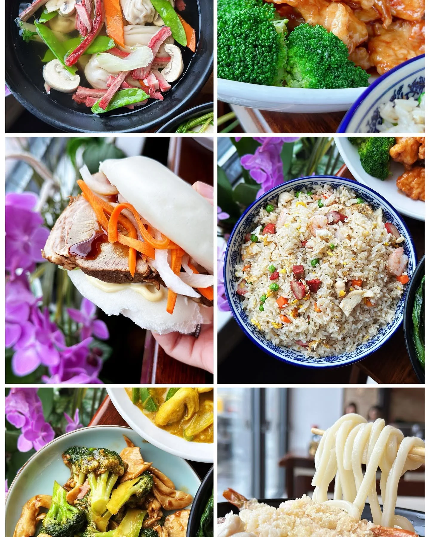 Assorted Asian dishes including fried rice and bao buns