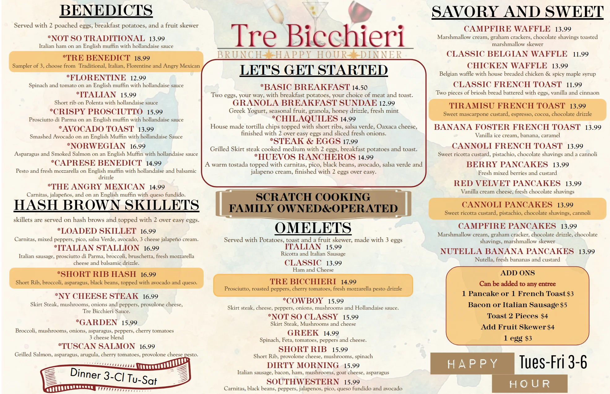 Brunch menu featuring Italian-inspired dishes and breakfast options