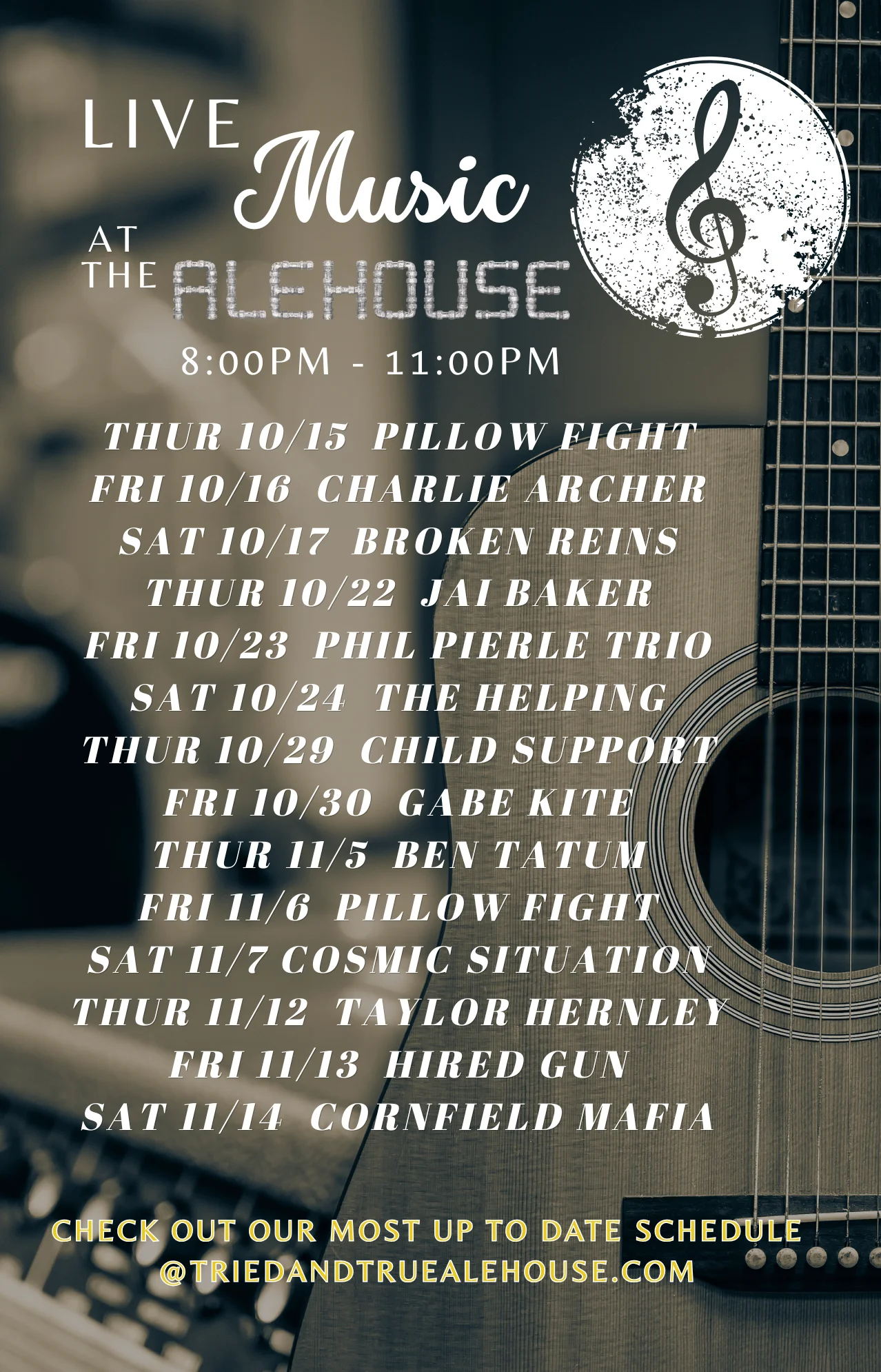 Live music schedule at the Alehouse with various artists and times