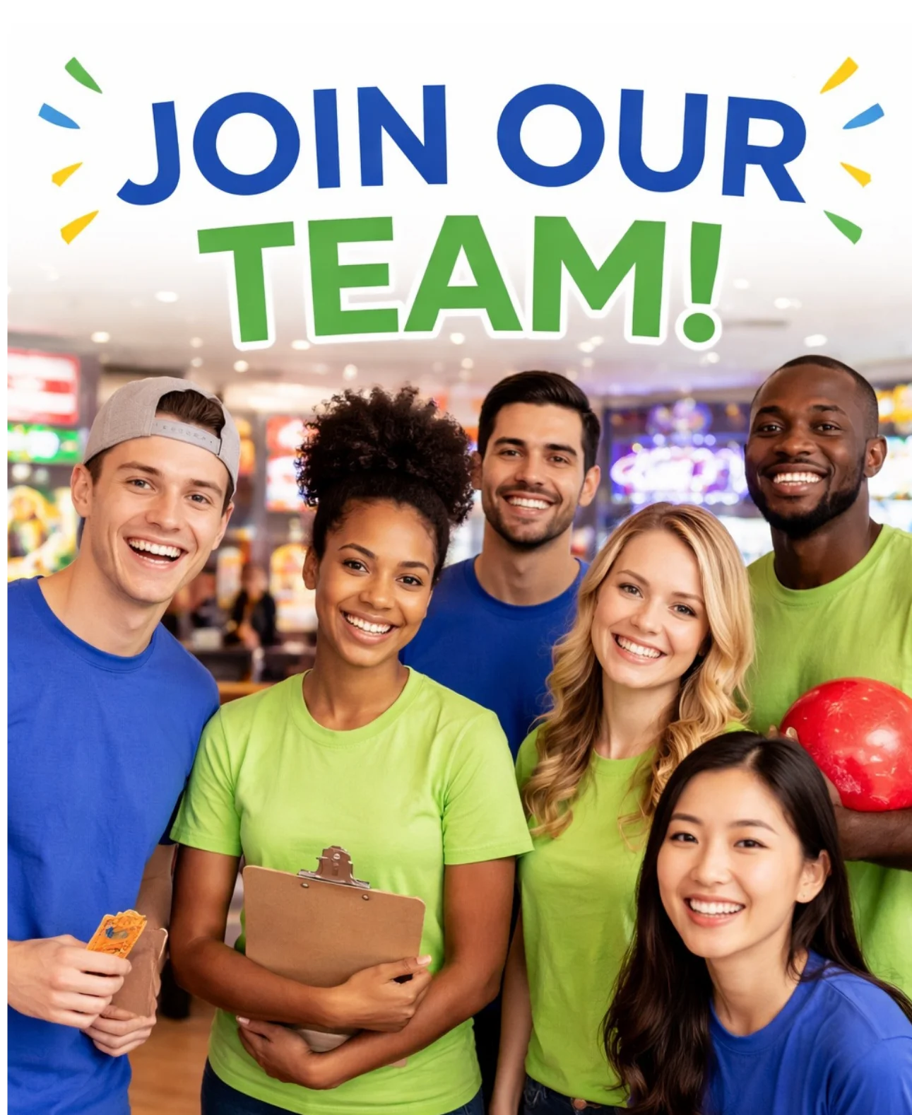 Diverse team of smiling staff promoting job opportunities