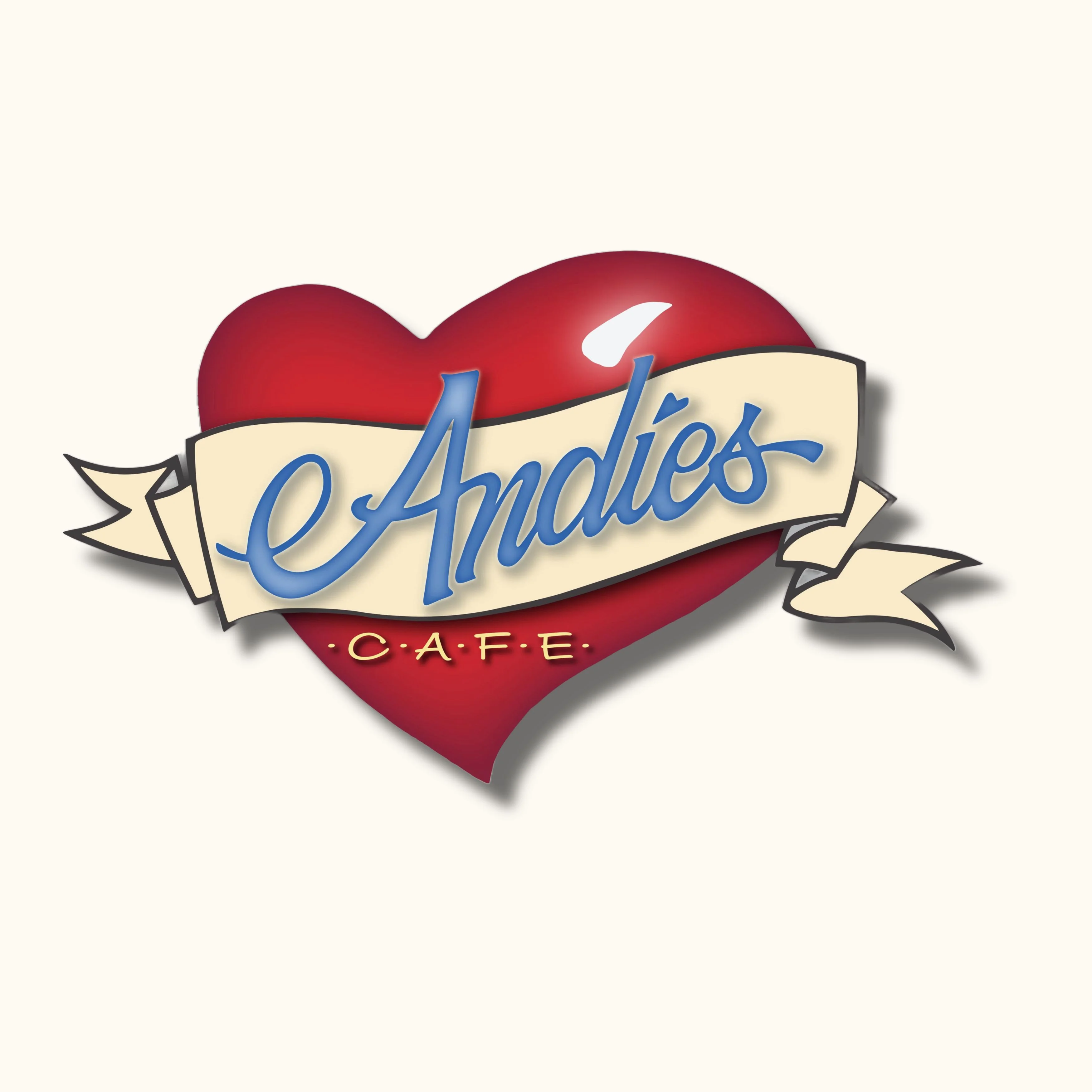 a heart shaped logo witha tan ribbon across it with the word Andies cafe across it.