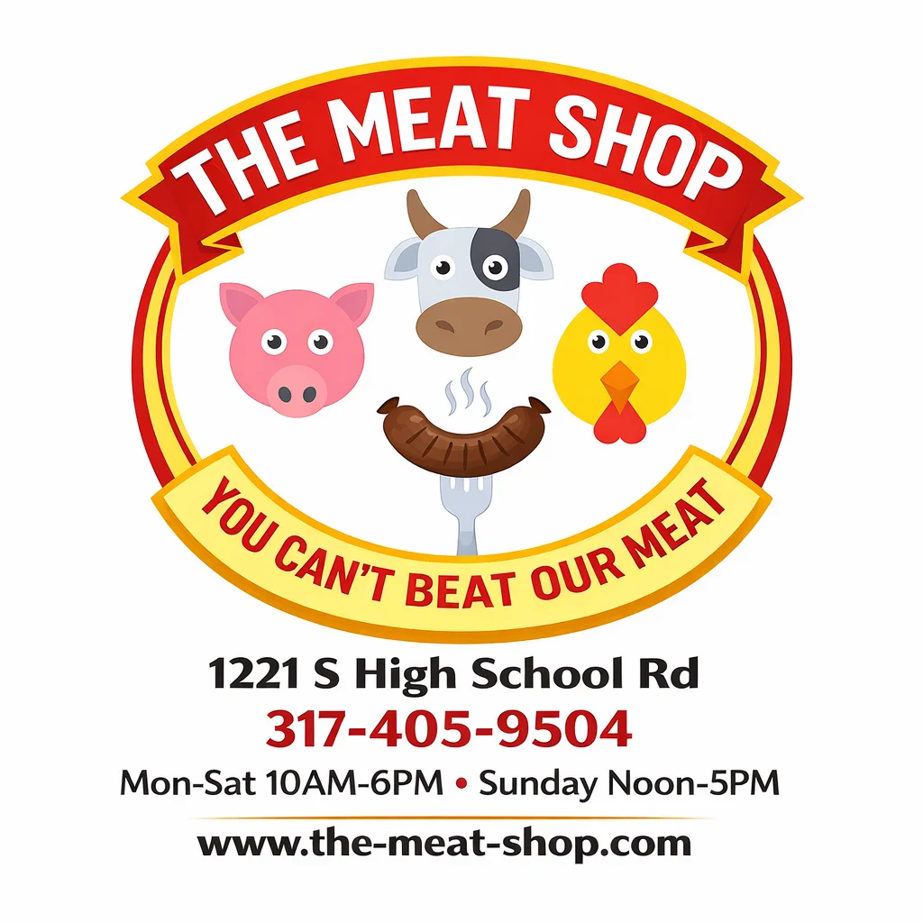 Logo of The Meat Shop featuring cartoon animals and sausages