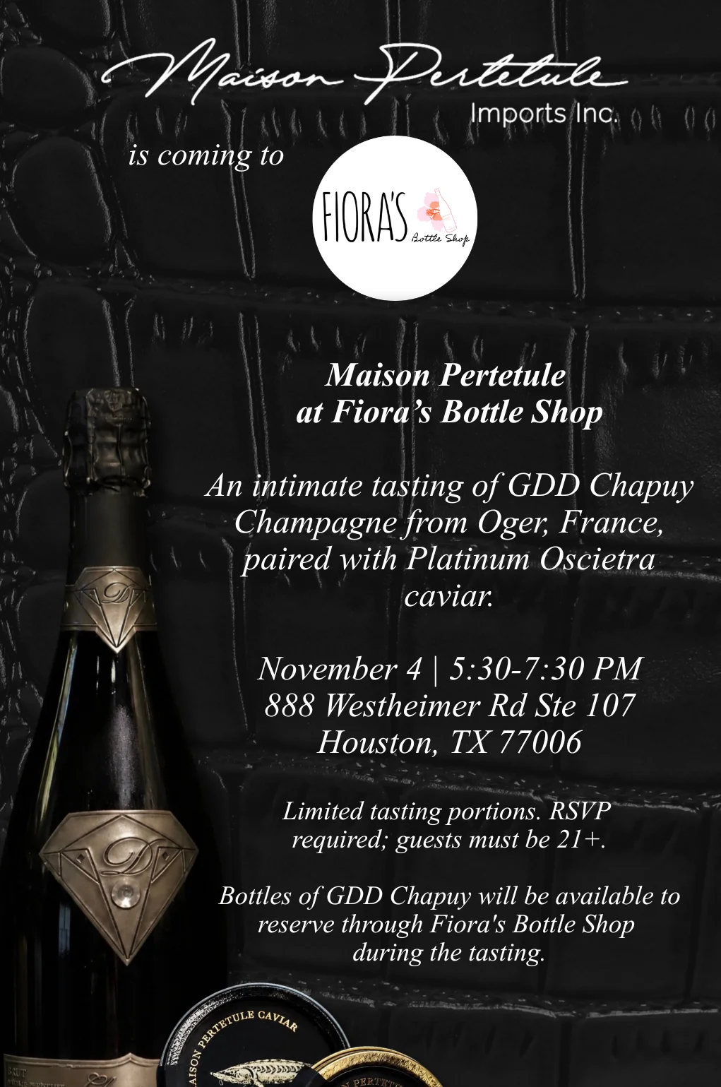 Elegant champagne and caviar event promotional graphic with luxury black leather background
