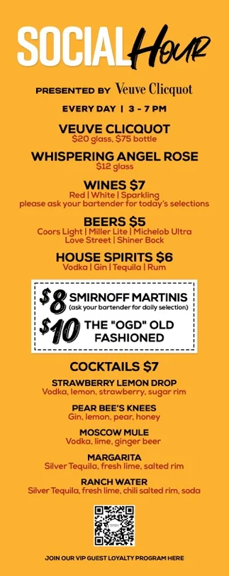 Drink menu featuring various cocktails and beverages for social hour.
