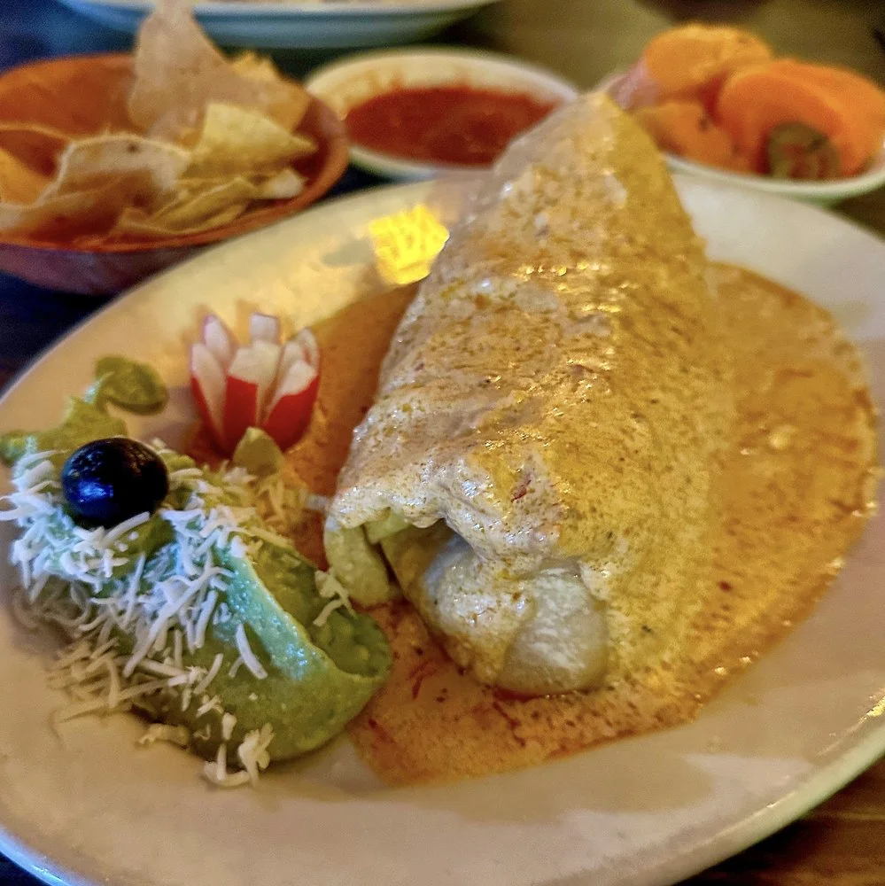 Delicious Mexican enchilada smothered in sauce