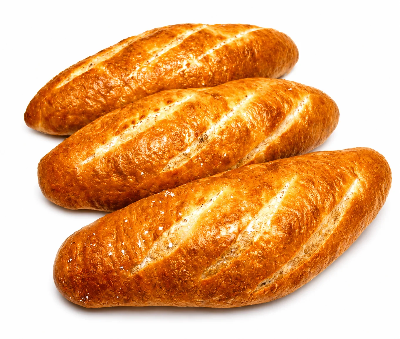 Three freshly baked golden bread rolls with slashes on top.