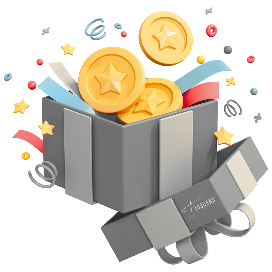 A gray gift box overflows with golden coins featuring stars, surrounded by colorful ribbons and confetti, conveying celebration and surprise.