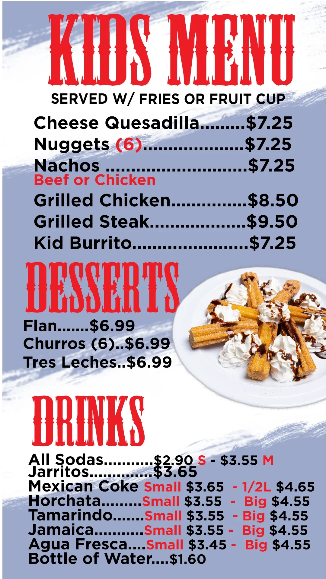 Kids menu featuring Mexican dishes like quesadilla and churros